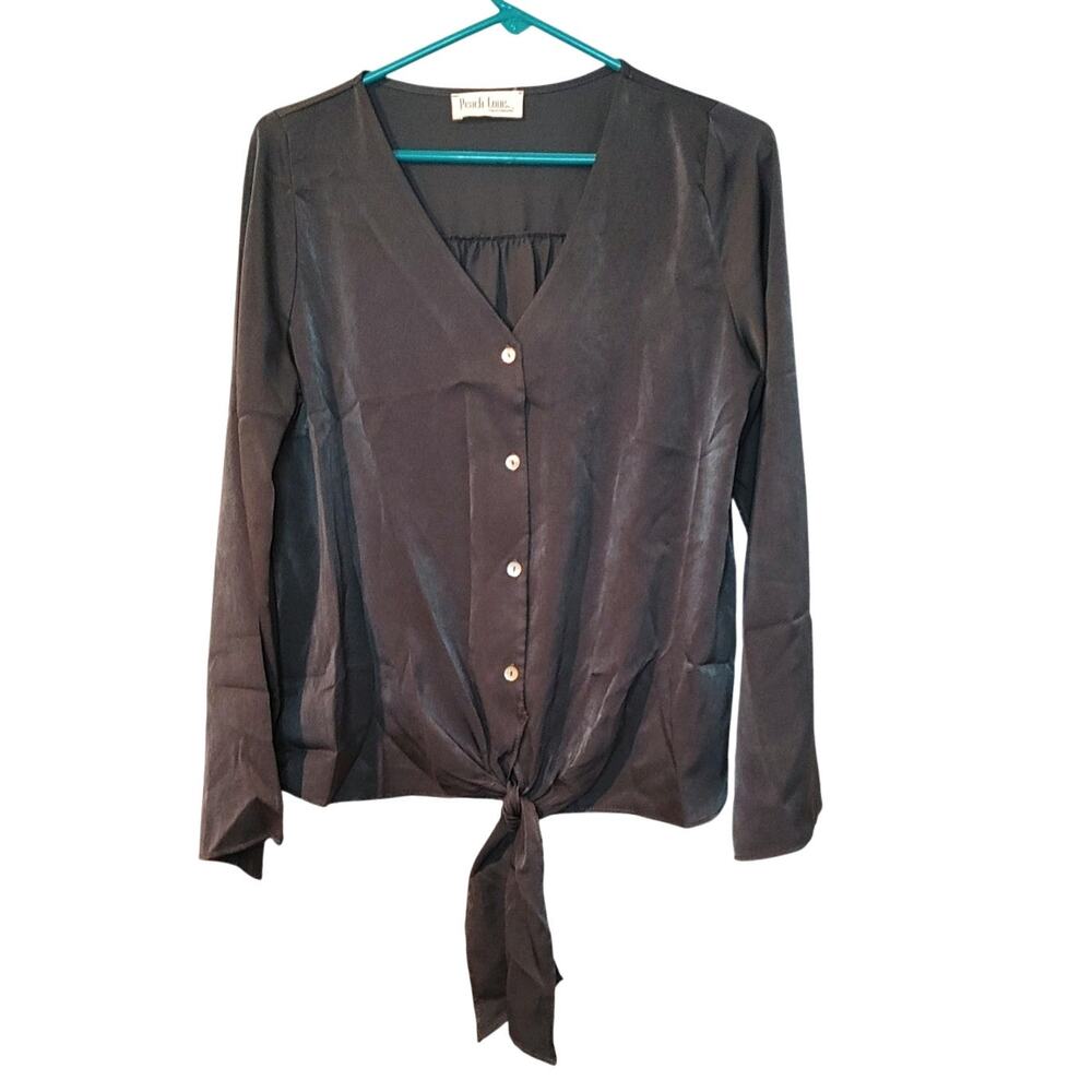 Peach Love California Size Small S Dark Grey Gray Blouse Button Tie Soft Basic